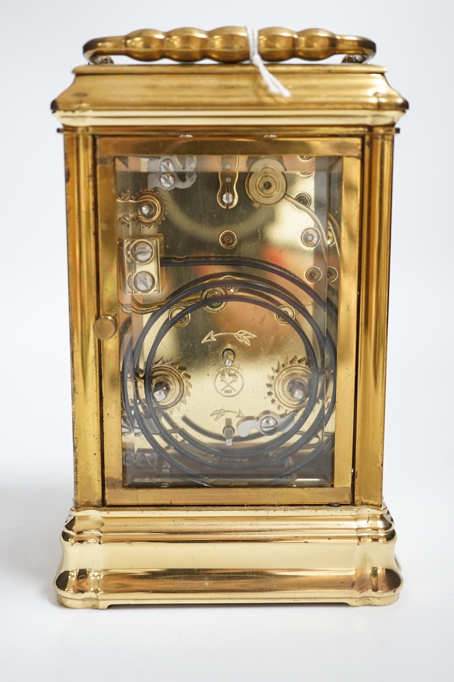 A French L’Epee brass calendar repeating carriage clock, 15cm